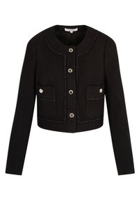 Musta lyhyt takki teksturoidusta kankaasta, jossa pyöreä pääntie, etutaskut ja hopeanväriset napit koristeompelein.