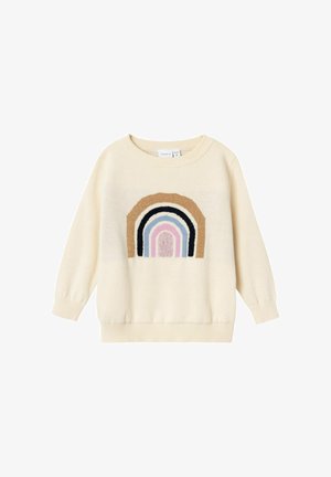 Maglione lavorato a maglia color crema con un design arcobaleno ricamato multicolore sul davanti. Presenta uno scollo a girocollo e polsini a coste.