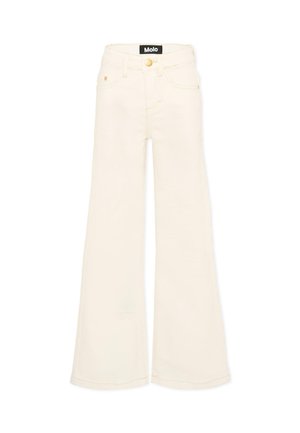 Kremowe jeansy z szerokimi nogawkami, wysokim stanem, przednimi kieszeniami, zapięciem na guziki i czarną metką "Molo" na pasku.