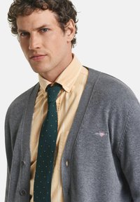 Grauer Cardigan mit V-Ausschnitt und Knöpfen, über einem hellgelben gestreiften Hemd und einer grünen Krawatte mit gelben Punkten getragen. Enthält ein Logo auf der Brust.