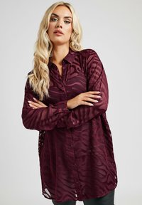 Burgundy genomsiktlig skjorta med knappar, med en texturerad zebramönster, långa ärmar och en avslappnad passform, som visar en lätt, flödande tyg.