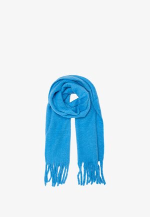 Écharpe en laine bleu vif avec une texture douce, présentant des bords frangés et une forme longue et rectangulaire, enroulée de manière lâche.