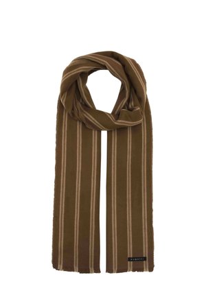 Brown scarf with vertical beige stripes folded in a loop, featuring a small black label with white text at the bottom corner.