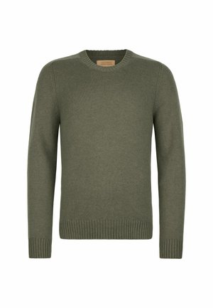 Pull en maille vert olive avec un col rond côtelé et des manches à bords-côtes. Présente un tissu texturé et un ourlet droit. Étiquette visible à l'intérieur du col.