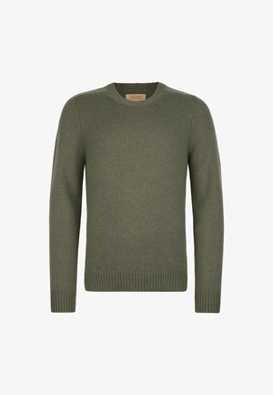 Pull en maille vert olive avec un col rond côtelé et des manches à bords-côtes. Présente un tissu texturé et un ourlet droit. Étiquette visible à l'intérieur du col.