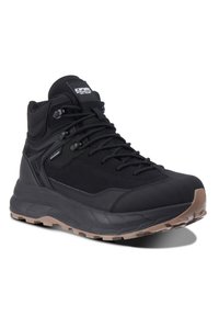 Black mid-cut hiking shoe with synthetic upper, textured fabric, reinforced toe, and rubber outsole with gripped traction pattern.