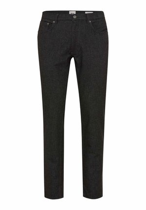 Dunkelgraue Hose mit geradem Bein, Vordertaschen, Gürtelschlaufen und Knopfverschluss, auf weißem Hintergrund dargestellt.