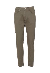 Pantalones verde oliva confeccionados en una mezcla de algodón, con corte ajustado, presillas para cinturón y cierre frontal con botón, además de bolsillos estándar.