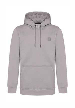 Grijze katoenen hoodie met een voorzak, verstelbare koorden en een klein logopatch op de borst. Klassieke pasvorm met geribde manchetten.