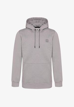 Šedá bavlněná mikina s kapucí, přední kapsou, nastavitelnými stahovacími šňůrkami a malou nášivkou loga na hrudi. Klasický střih s žebrovanými manžetami.