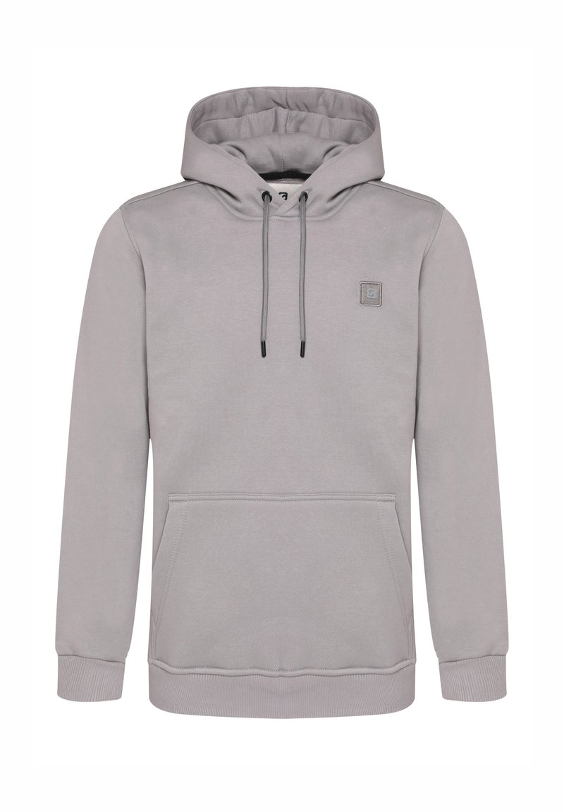 Grau Baumwoll-Hoodie mit einer Fronttasche, verstellbaren Kordeln und einem kleinen Logopatch auf der Brust. Klassische Passform mit gerippten Bündchen.