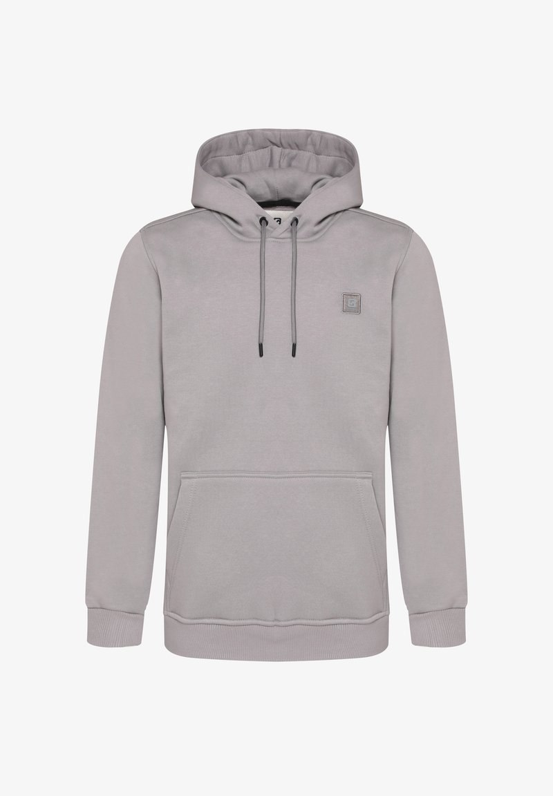 Grey cotton hoodie with a front pocket, adjustable drawstrings, and a small logo patch on the chest. Classic fit with ribbed cuffs.