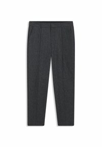 Lightweight, dark gray wool blend trousers with a tailored fit, two front pockets, and sharp pleats for structured look.