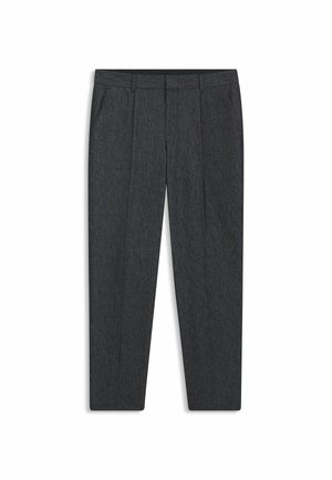 Lightweight, dark gray wool blend trousers with a tailored fit, two front pockets, and sharp pleats for structured look.