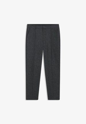 Lightweight, dark gray wool blend trousers with a tailored fit, two front pockets, and sharp pleats for structured look.