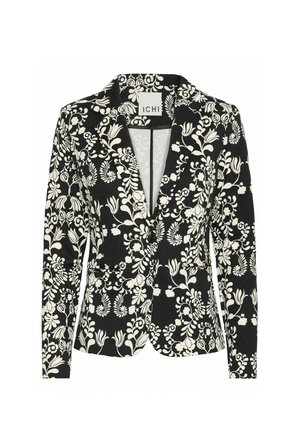 Černý blazer s bílým květinovým vzorem, s límcem a dvěma předními kapsami. Vyrobený z texturované tkaniny, má přesný střih.