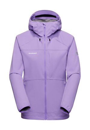Lila Softshell-Jacke mit Reißverschluss vorne, verstellbarer Kapuze und kontrastierendem grauem Futter. Enthält Seitentaschen und Logo-Akzente.