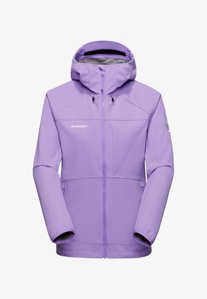 Paarse softshelljack met een rits aan de voorkant, een verstelbare capuchon en een contrasterende grijze voering. Inclusief zijzakken en logo-accenten.