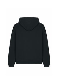Felpa nera con cappuccio, realizzata in misto cotone, presenta un design semplice con maniche lunghe e polsini a costine, texture liscia, senza grafiche.