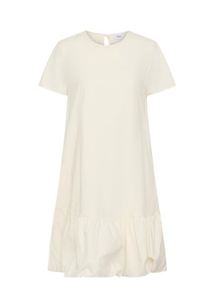 Robe courte manches courtes couleur crème avec encolure ronde, coupe ample et ourlet à volants froncés en bas.