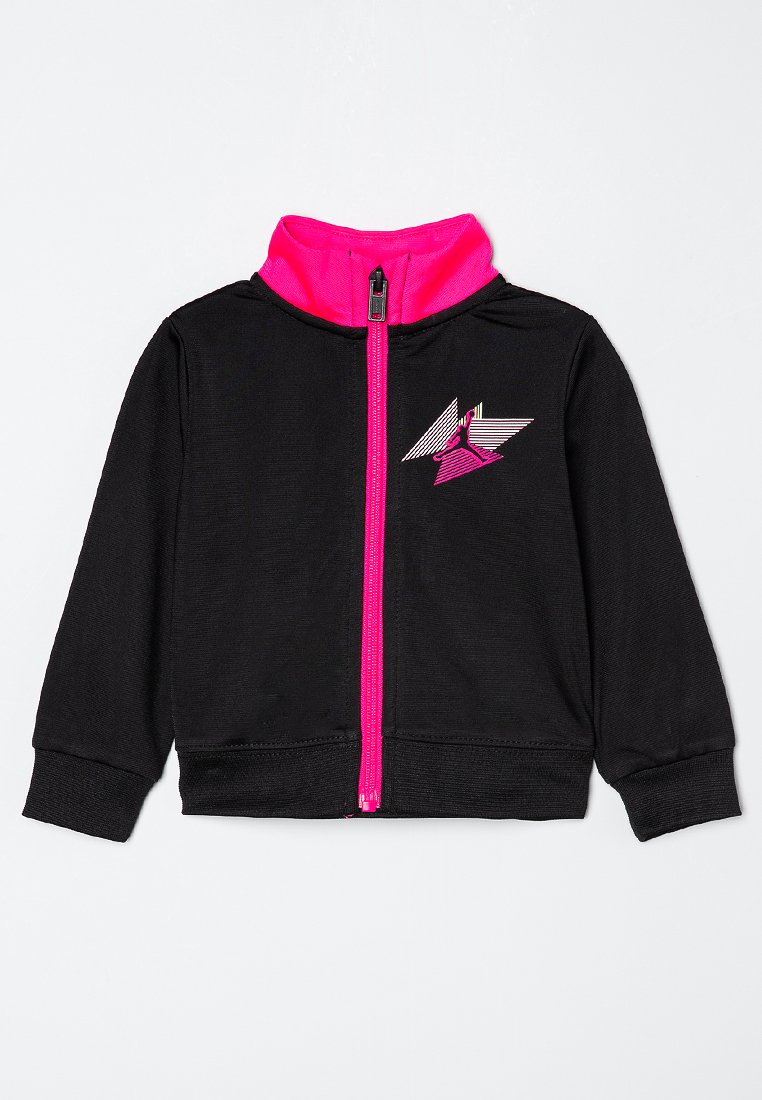 Veste noire zippée avec un col et une fermeture éclair roses. Caractérisée par un logo avec un motif géométrique. Fabriquée en tissu texturé, avec des poignets côtelés aux manches.