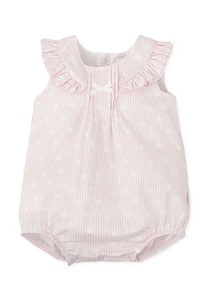 Mono corto rosa claro con escote con volantes, lunares blancos y rayas verticales. Presenta un lazo central y cierres a presión en la parte inferior.