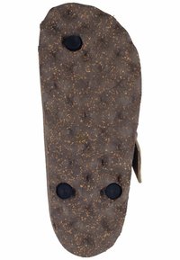 Hnědá korková podrážka s texturovaným povrchem a třemi kulatými černými tečkami. Zaoblený tvar s mírným klenutím, ukazující přirozené vzory materiálu.