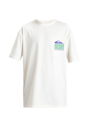 White short-sleeve t-shirt with green and purple Quiksilver logo on the left chest, plain background.