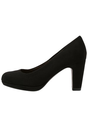 Sort dames lukket pump med rundet front, mellemhøj kraftig hæl og glat mat finish.