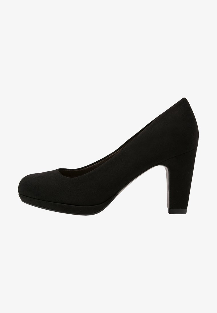 Escarpin fermé pour femme noir avec un devant arrondi, un talon épais de hauteur moyenne et une finition mate lisse.