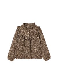 Braune Langarmbluse mit Zebra-Print-Muster, ausgestattet mit einem Rüschenausschnitt und Knopfleiste, aus leichtem Stoff.