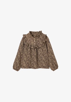 Brown long-sleeve blouse with a zebra print pattern, featuring a ruffled collar and button front, made from lightweight fabric.