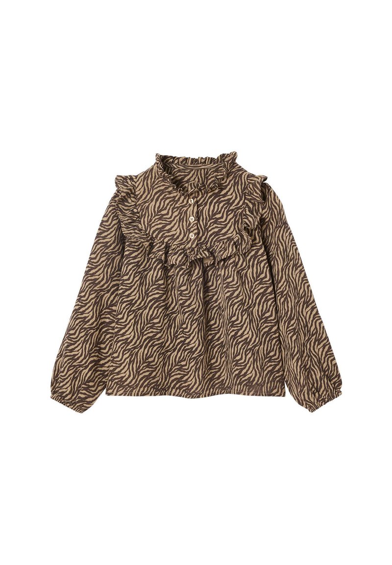 Braune Langarmbluse mit Zebra-Print-Muster, ausgestattet mit einem Rüschenausschnitt und Knopfleiste, aus leichtem Stoff.