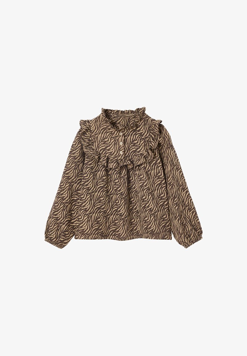 Braune Langarmbluse mit Zebra-Print-Muster, ausgestattet mit einem Rüschenausschnitt und Knopfleiste, aus leichtem Stoff.
