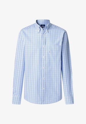 Camicia con bottoni caratterizzata da un motivo a quadri blu chiaro e bianco, maniche lunghe e una tasca sul petto. Materiale in cotone.