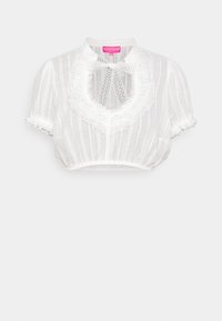 Λευκή κοντή μπλούζα με κοντά μανίκια, παρουσιάζοντας κεντητό γιακά, λεπτομέρεια ανοιχτού κλειδώματος και ρίγες. Απαλή, υφασμάτινη υφή.