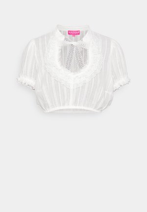 Valkoinen lyhythihainen cropped-paita, jossa on pitsikaulus, avainaukko-tyyppinen yksityiskohta ja raidoituskuvio. Pehmeää, teksturoitua kangasta.