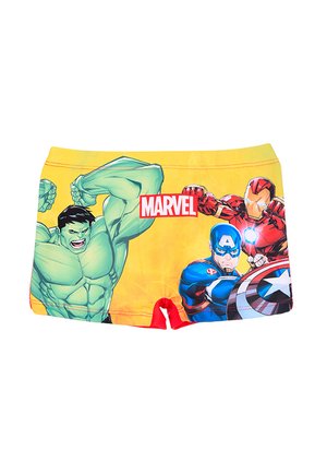 Yellow shorts featuring Marvel superheroes Hulk, Captain America with shield, and Iron Man in action poses across the front.