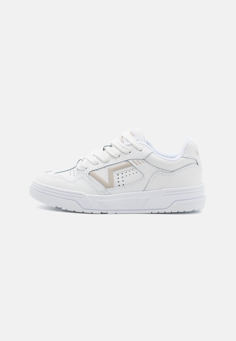 White athletic shoe with a smooth leather upper, perforated details, gray accents, and a rubber sole. Laced closure with padded collar.