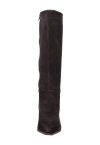 Kniehoge, donkerbruine suede laars met een spitse neus en een taps toelopende hak. Beschikt over een gladde textuur en een rits aan de zijkant voor gemakkelijk aan- en uittrekken.