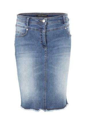 Jeans-Bleistiftrock in Hellblau, mit fransigem Saum, Fünf-Taschen-Design und Frontknopfverschluss mit Reißverschluss. Markenlabel sichtbar.