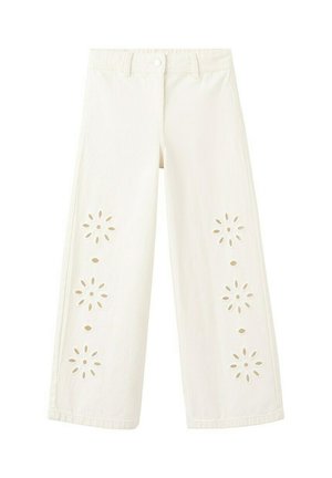 Pantalon blanc à jambes larges, taille haute, avec des motifs floraux ajourés sur le devant des deux jambes.