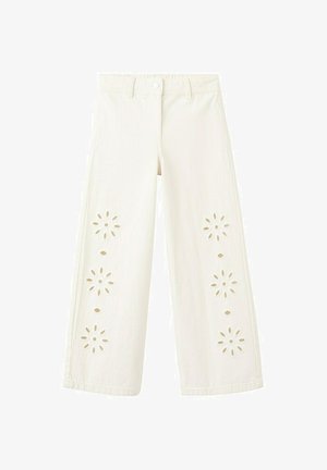 Pantaloni albi cu croială largă și talie înaltă, cu modele florale decupate pe partea din față a ambelor picioare.