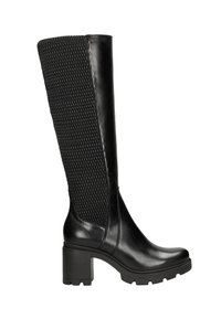 Black knee-high boots with a smooth leather toe and heel, featuring a textured, woven mesh shaft and a chunky block heel.