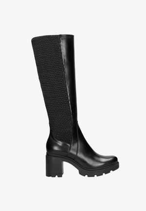 Black knee-high boots with a smooth leather toe and heel, featuring a textured, woven mesh shaft and a chunky block heel.