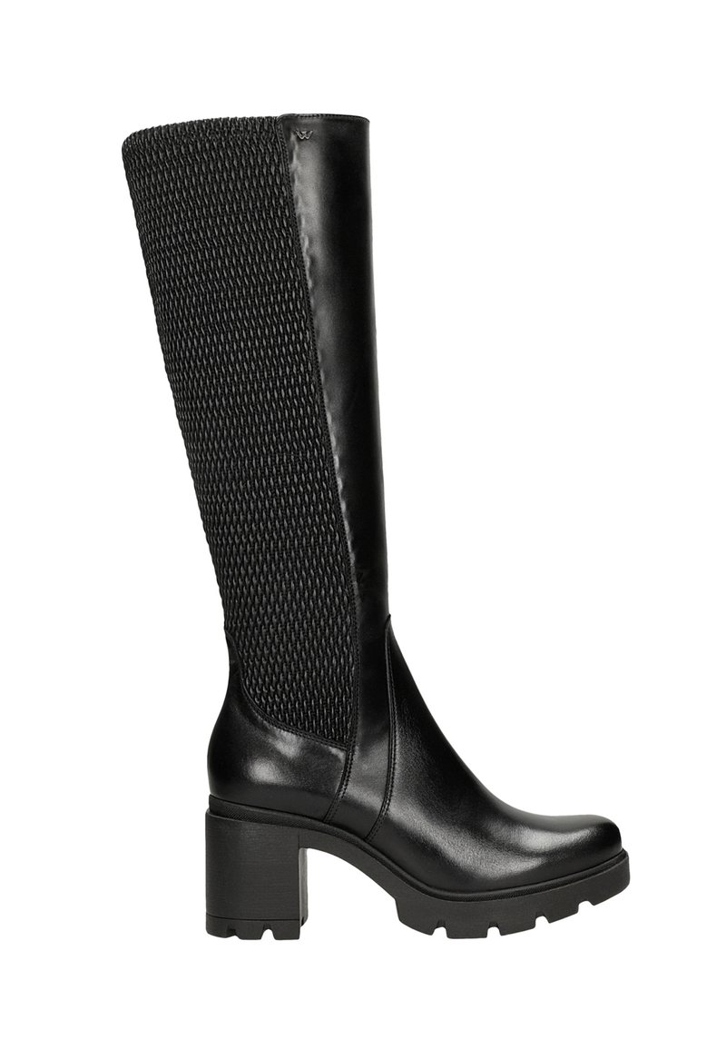 Black knee-high boots with a smooth leather toe and heel, featuring a textured, woven mesh shaft and a chunky block heel.