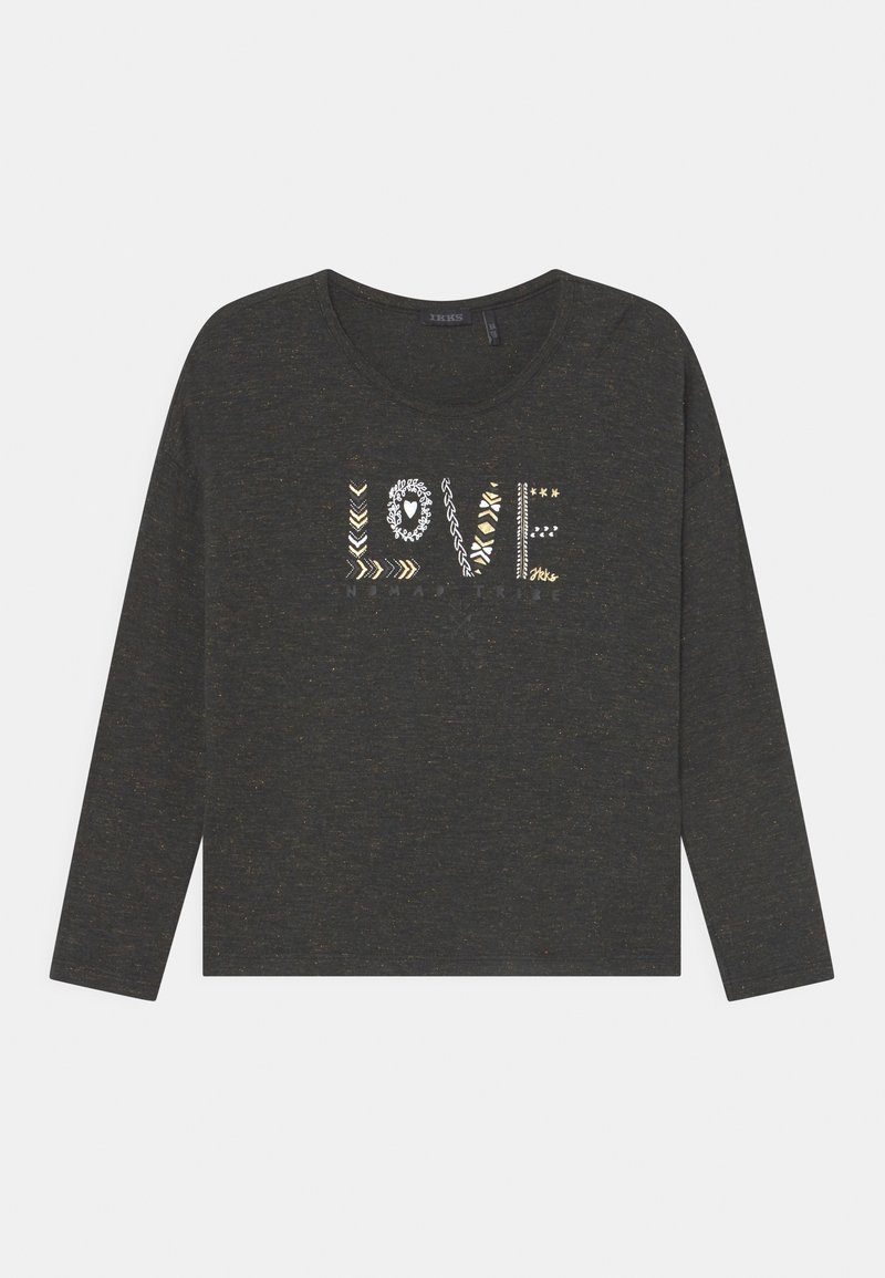 Chemise à manches longues gris foncé avec encolure ronde, ornée du mot « LOVE » décoré de motifs et de petites étoiles dorées.