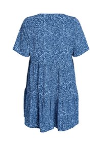 Zils īsām piedurknēm tērps ar ziedu rakstu, ar brīvu piegriezumu, savilktu vidukli un izplestu apakšmalu. Izgatavots no viegla auduma.