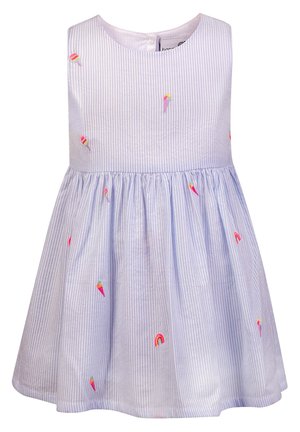 Light blue sleeveless dress with white stripes, gathered skirt, and colorful embroidery of ice cream cones and rainbows.