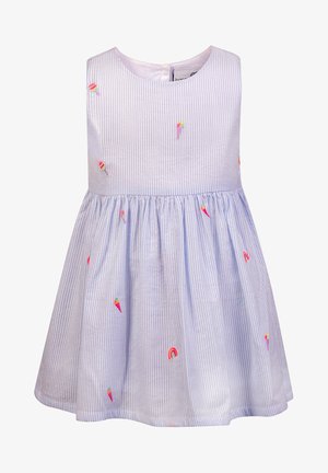 Vestido sin mangas de color azul claro con rayas blancas, falda acampanada y colorido bordado de conos de helado y arcoíris.